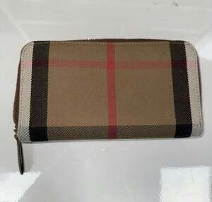 Burberry Plaid Brown Leather Zip Around Continental Wallet